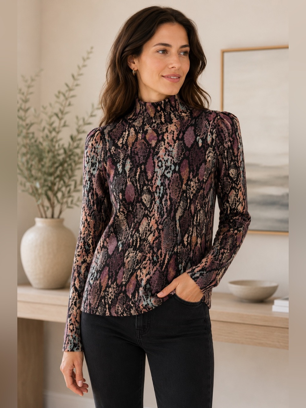 Rebecca Taylor Black Tan Mauve Snake Print 100% Wool Mock Neck Sweater M #2691